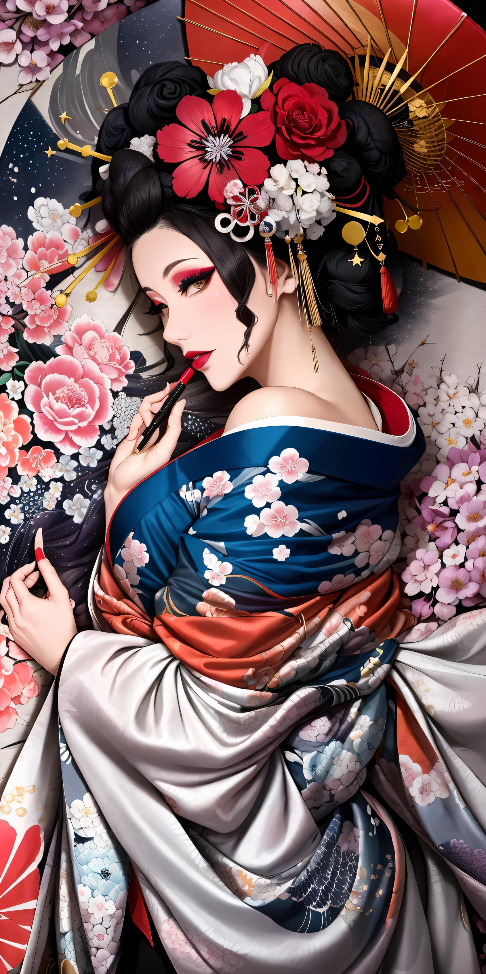 Oiran Flower Head Kimono Cursed Fullbody Dark Atmosphere, gioco anime di  Yoshitaka Amano, fotorealistico super dettagliato, 35 mm · Creative Fabrica